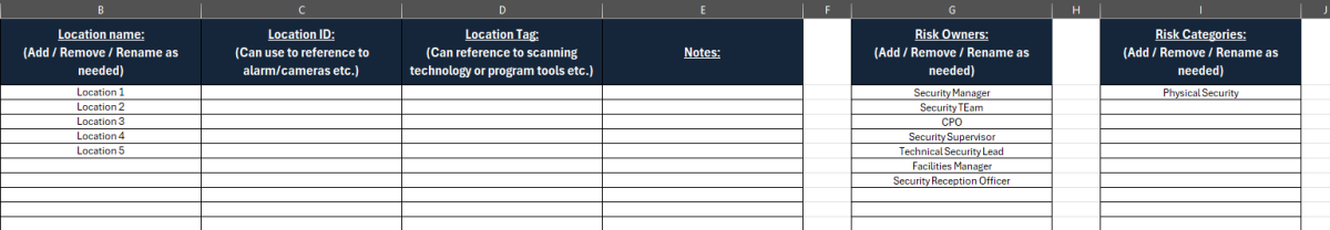 Simple security risk register 2 Screenshot of an Excel tab showing a dynamic input form or table where users can add or remove locations, risk owners, and other related categories for a risk register.